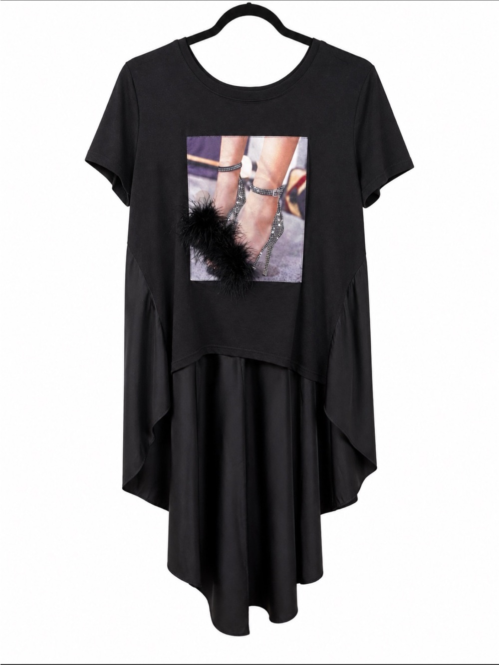 Black High-Low Tunic Top with Feathered Graphic